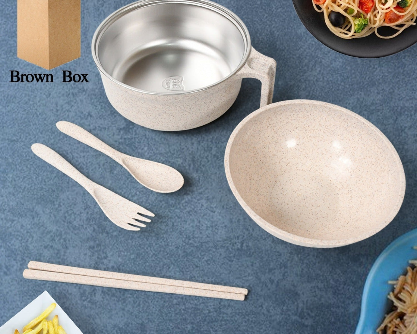 Rice Bowl Noodle 1 Bowl with 1 Lid and Handle Wheat Straw Noodle Bowls with Wheat Straw 1 Fork, 2 Chopsticks, 1 Spoon for Soup Salad Cooker Snack Set (6 Pcs Set)