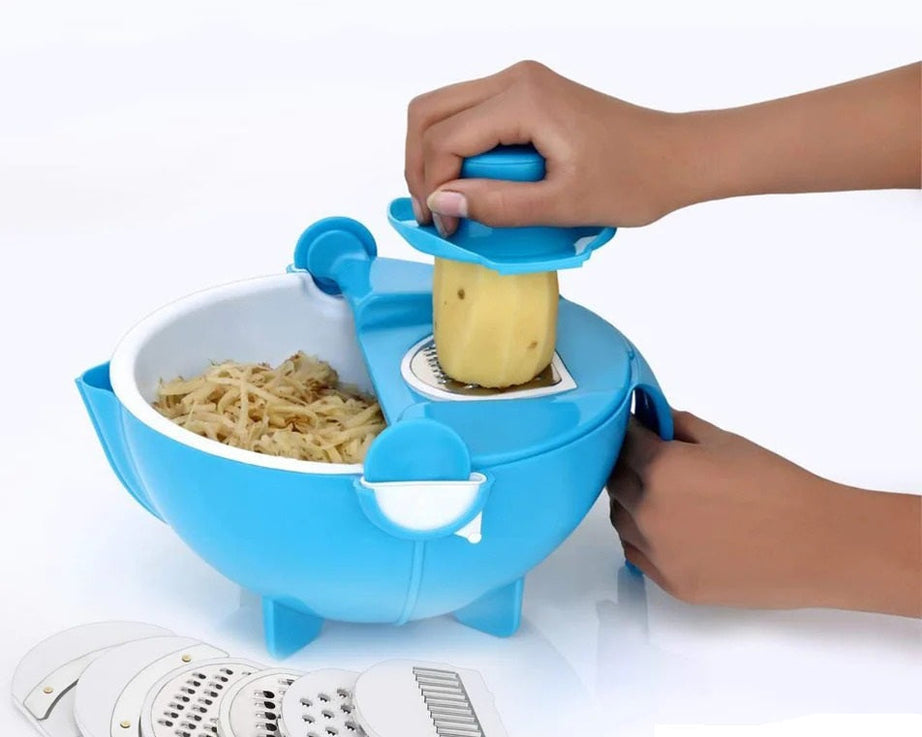 Multi-functional vegetable cutter and shredder with drain basket.