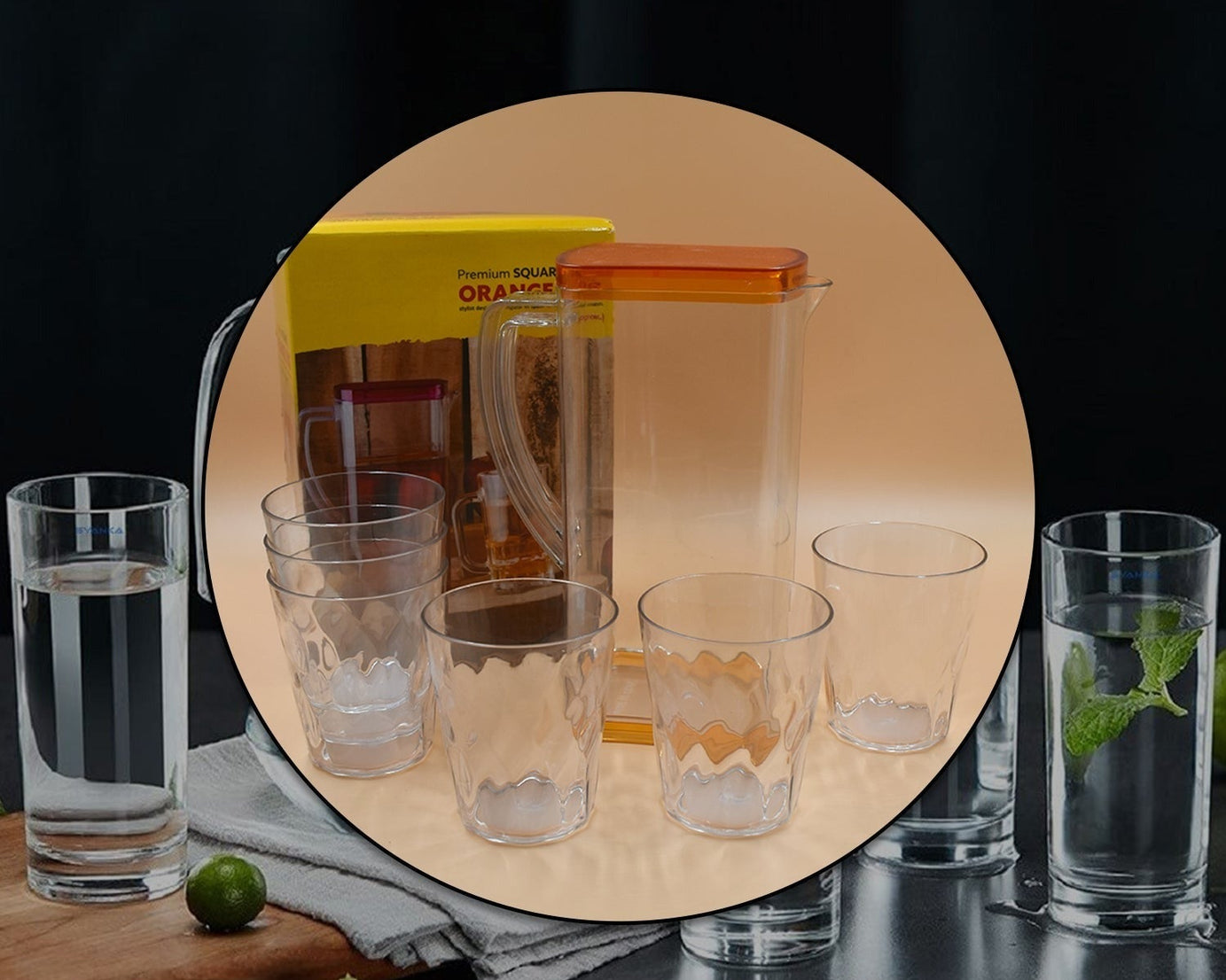 High-quality glass jug with ergonomic handle for easy pouring of beverages.