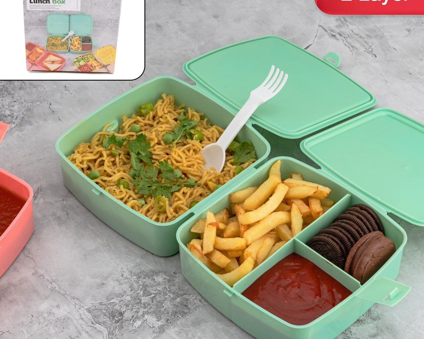 Double-Layer Square Lunch Box with  Spoon , 4 Compartment Tiffin & Push Lock , Plastic Tiffin Box for Travelling, School Kids & Office Exclusive, Home