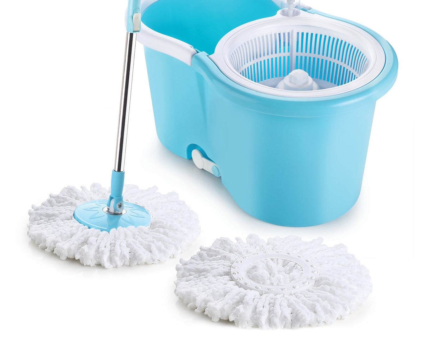 Plastic spinner bucket mop with 360-degree self-spin wringing and 2 absorbers, different angles.