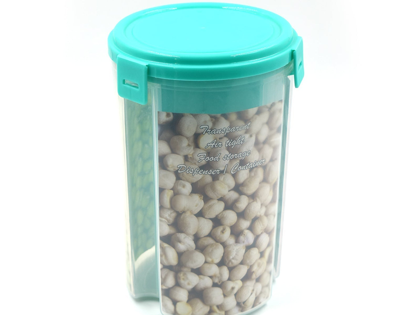 Clear, airtight storage dispenser set with three compartments and a color box.