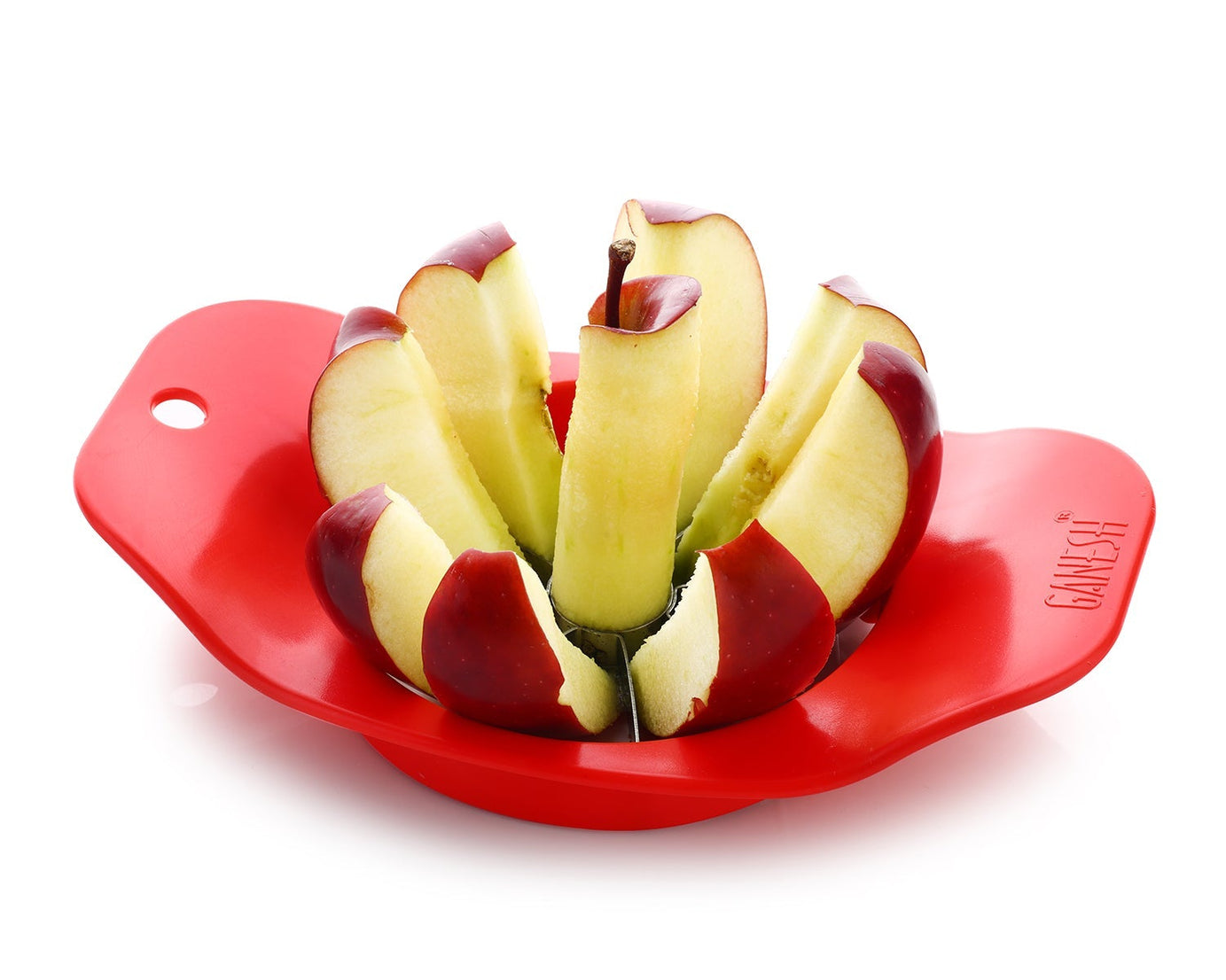 Ganesh apple cutter, plastic and stainless steel, color may vary.