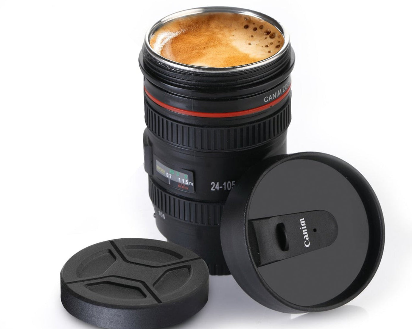 Camera lens shaped stainless steel coffee mug, showcasing its detailed design and metal finish