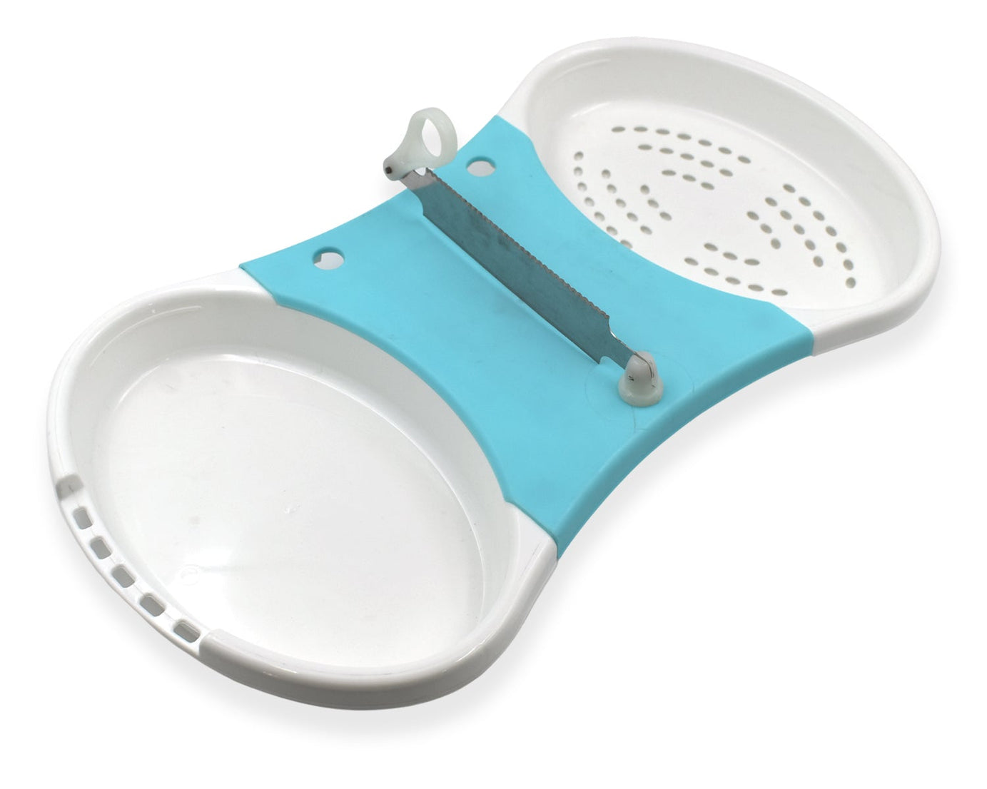 Multi-purpose cut and wash tool for quick kitchen prep of veggies and fruits.