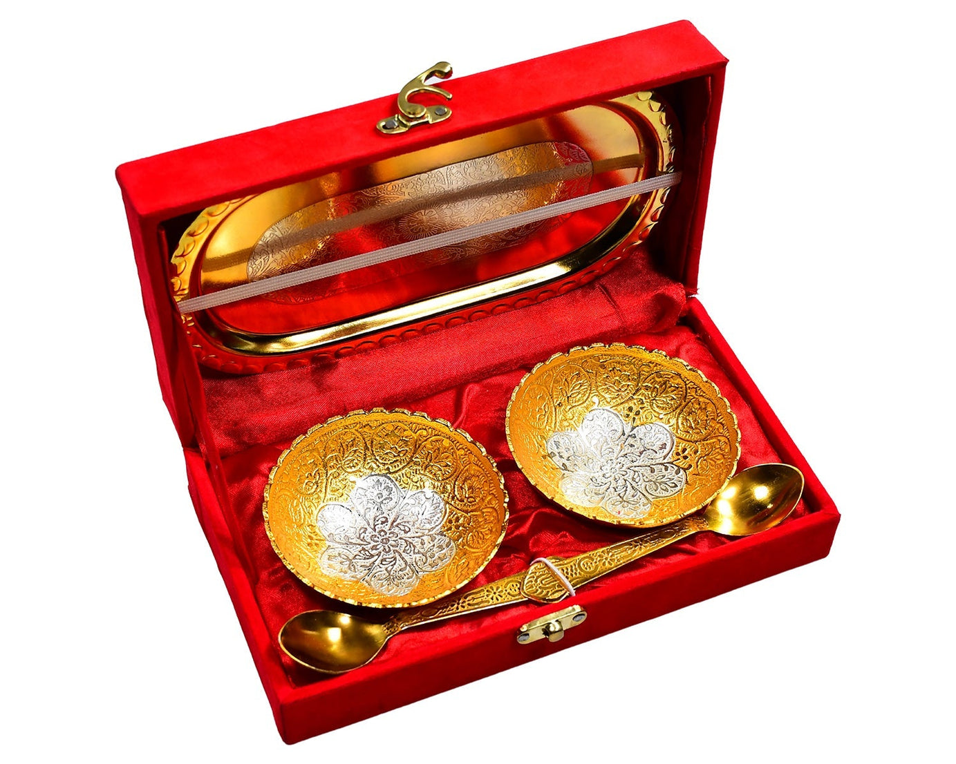 Gold and silver plated brass tray set with bowls and spoons, presented in a red velvet gift box.