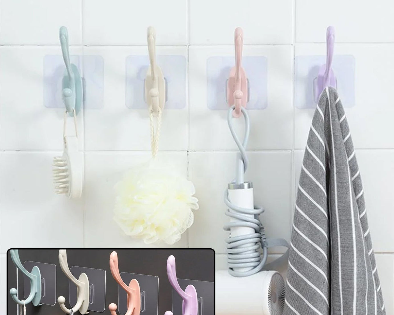 Plastic wall hook, self-adhesive, for home use.