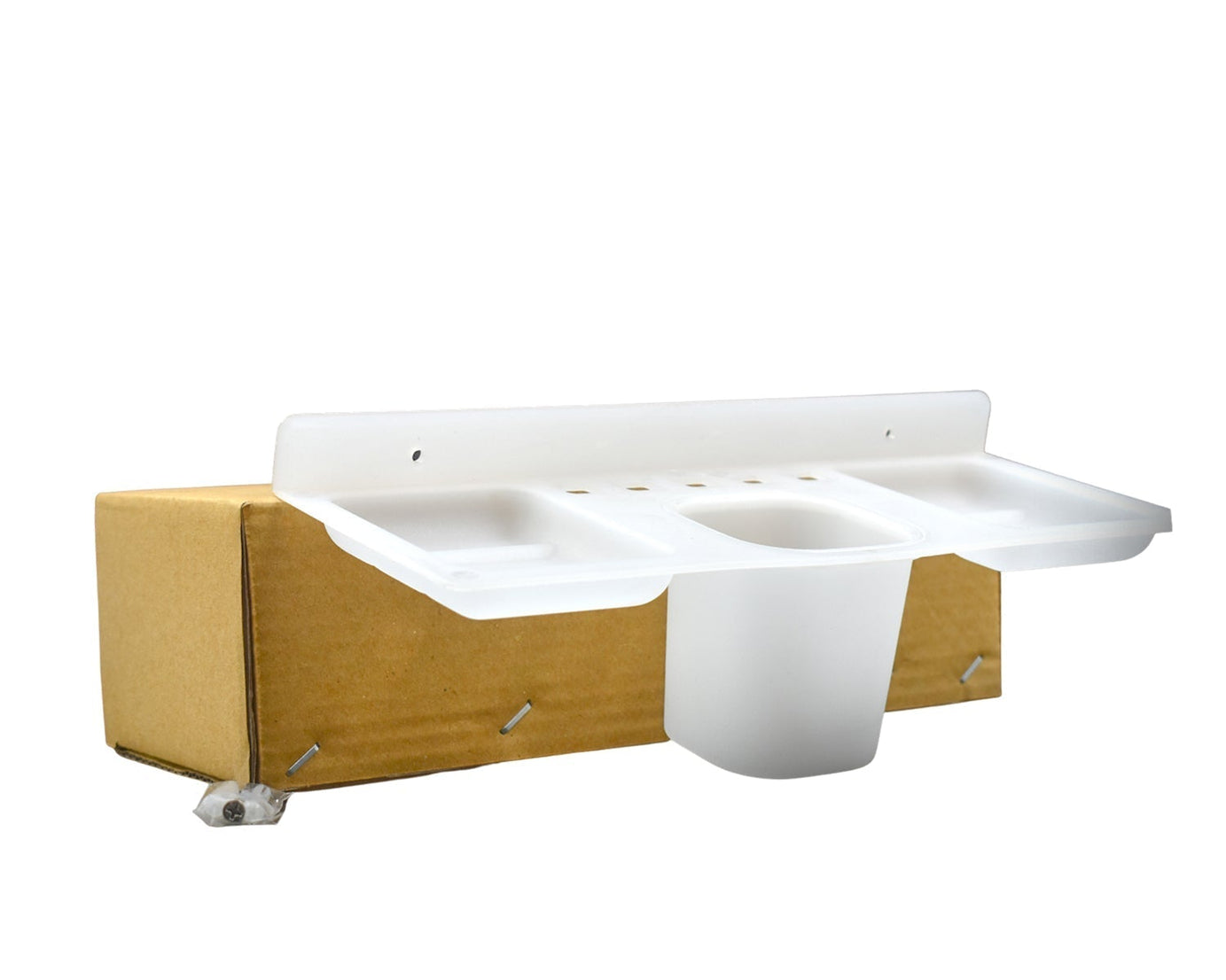 Angle view of plastic soap dish with integrated tray.