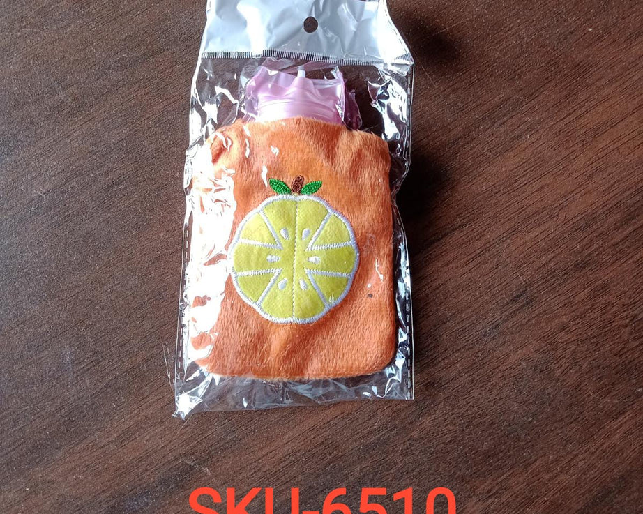 Orange hot water bag with cover for relief and warmth