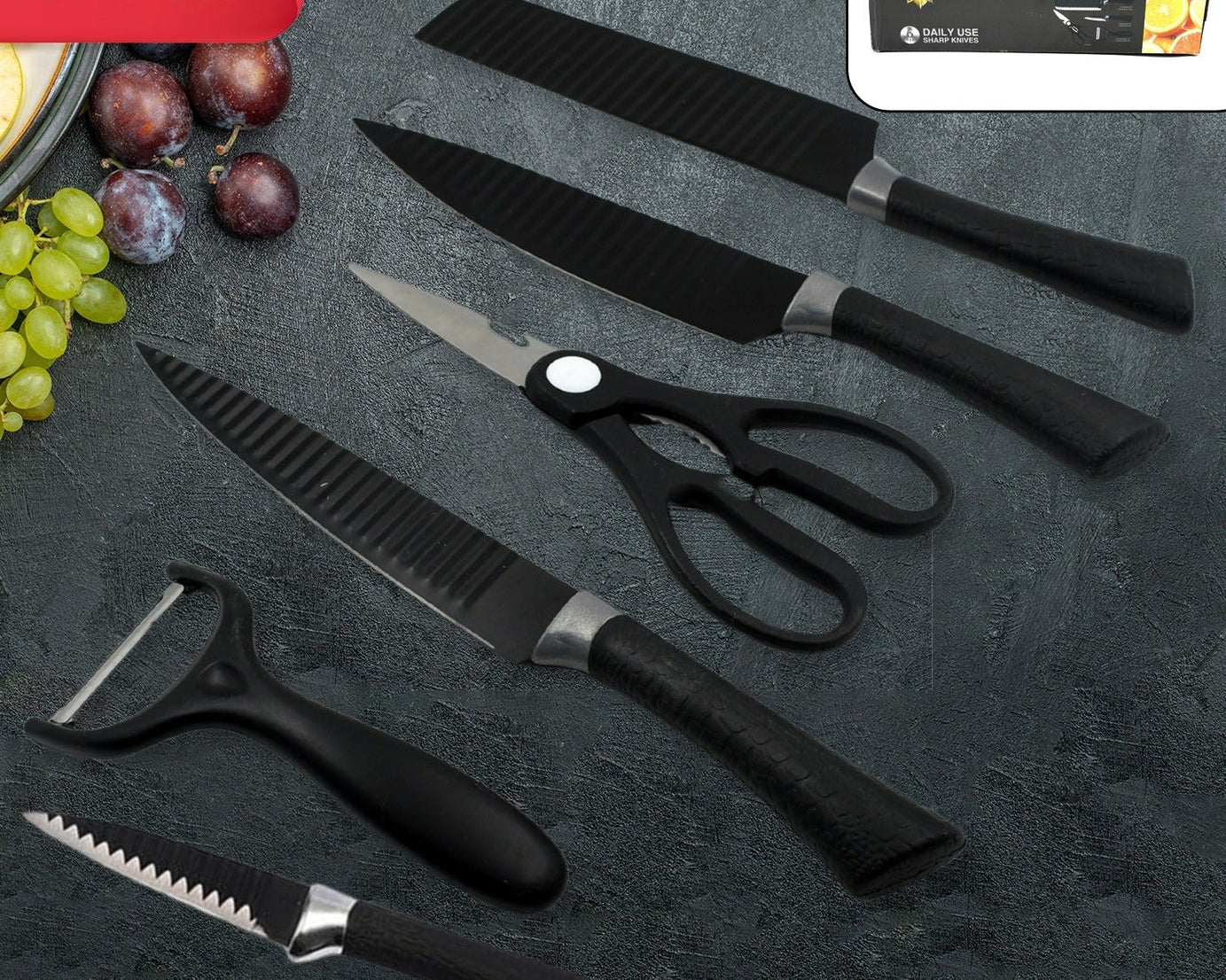 5629 6 Pieces Professional Kitchen Knife Set, Meat Knife, Chef's Knife with Non-Slip Handle for Home, Kitchen and Restaurant with Chef Peeler and Scissor (Stainless Steel / 6 Pcs Set)