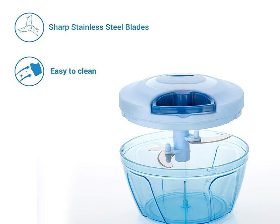 Hand-held chopper with stainless steel blades, compact and portable.