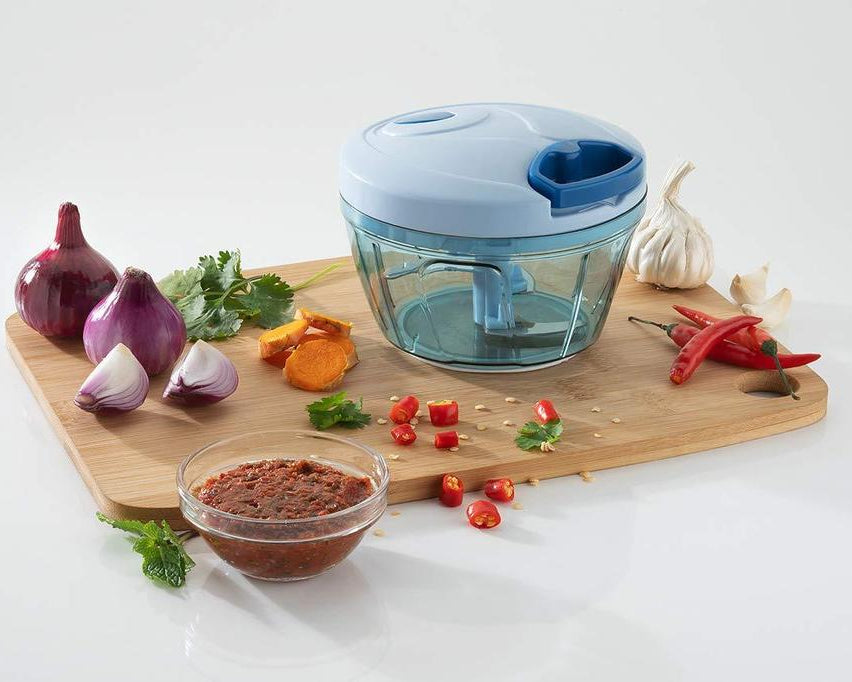 manual vegetable chopper with stainless steel blades.