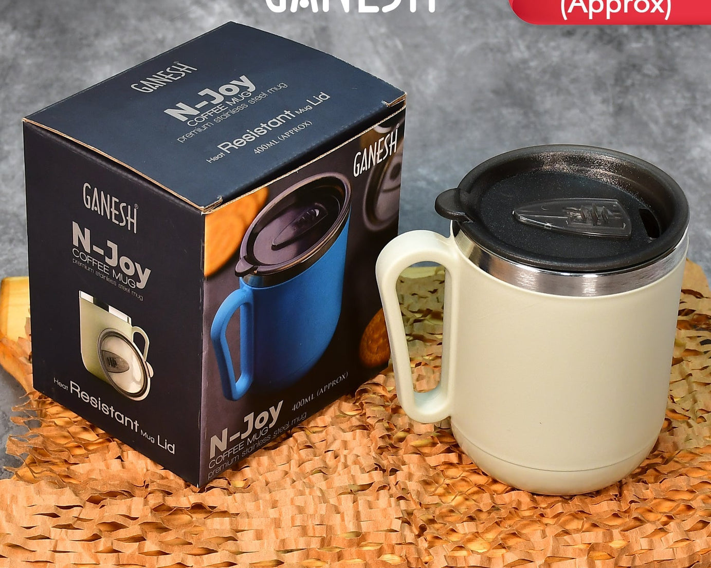 Stainless steel coffee mug with lid, 400ml capacity