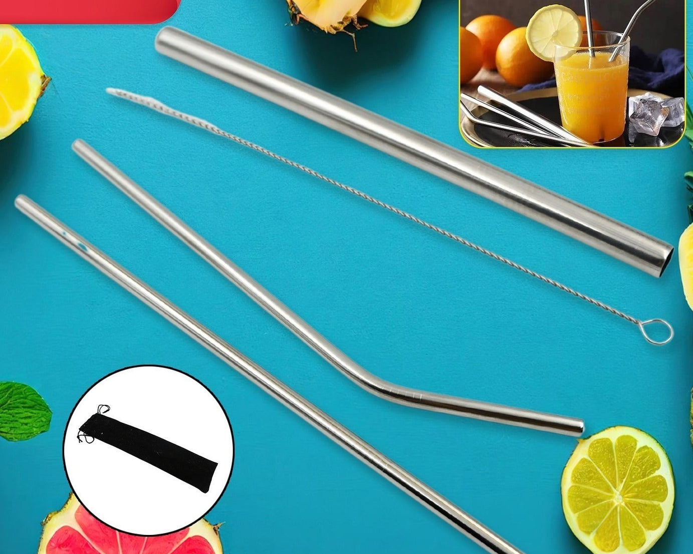 0600 Reusable Stainless Steel Straws with Travel Case Cleaning Brush Eco Friendly Extra Long Metal Straws Drinking Set of 4 (2 Straight straws, 1 Bent straws, 1 Brush)