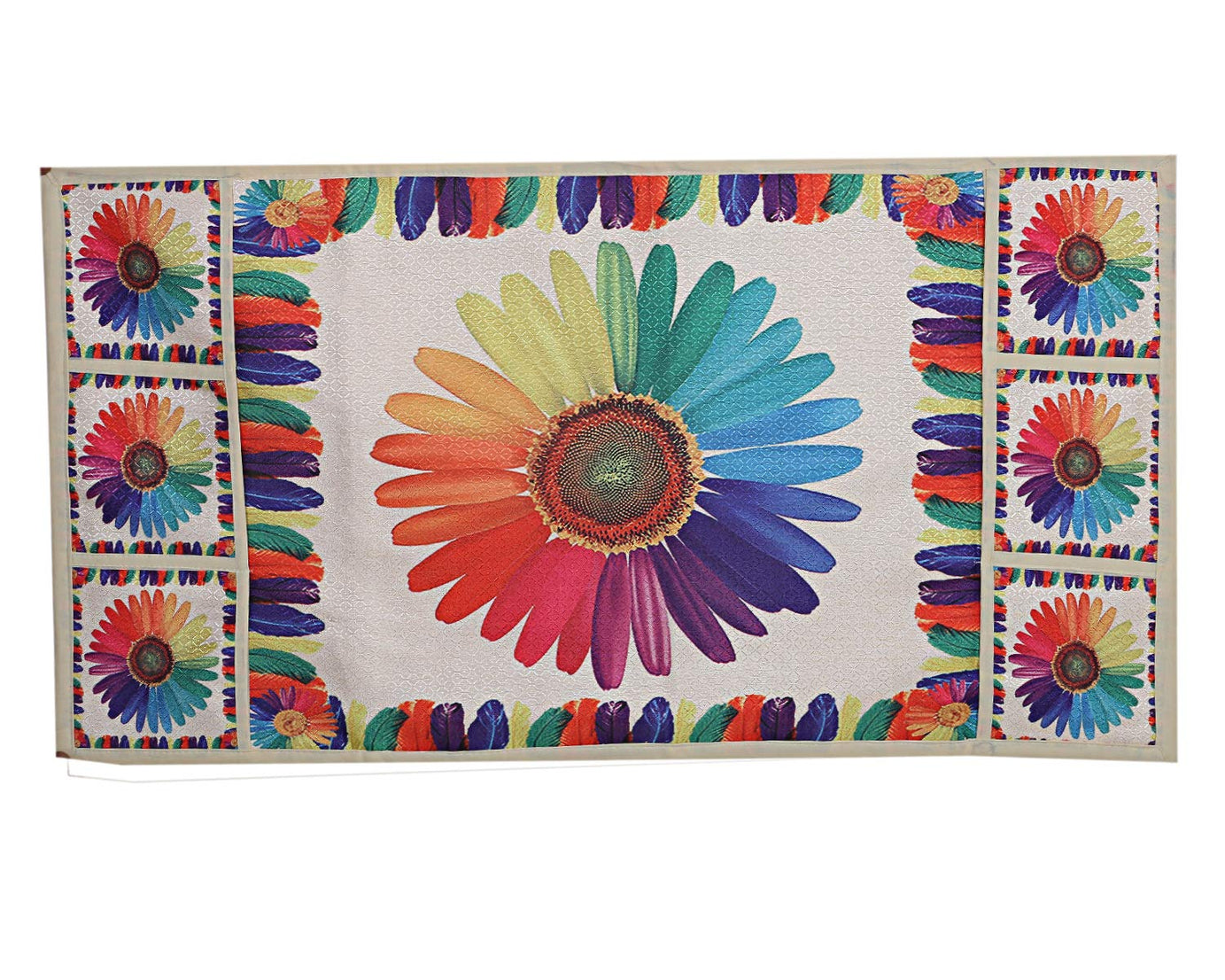 Maroon and white fridge top cover with a fruit design for kitchen decoration.