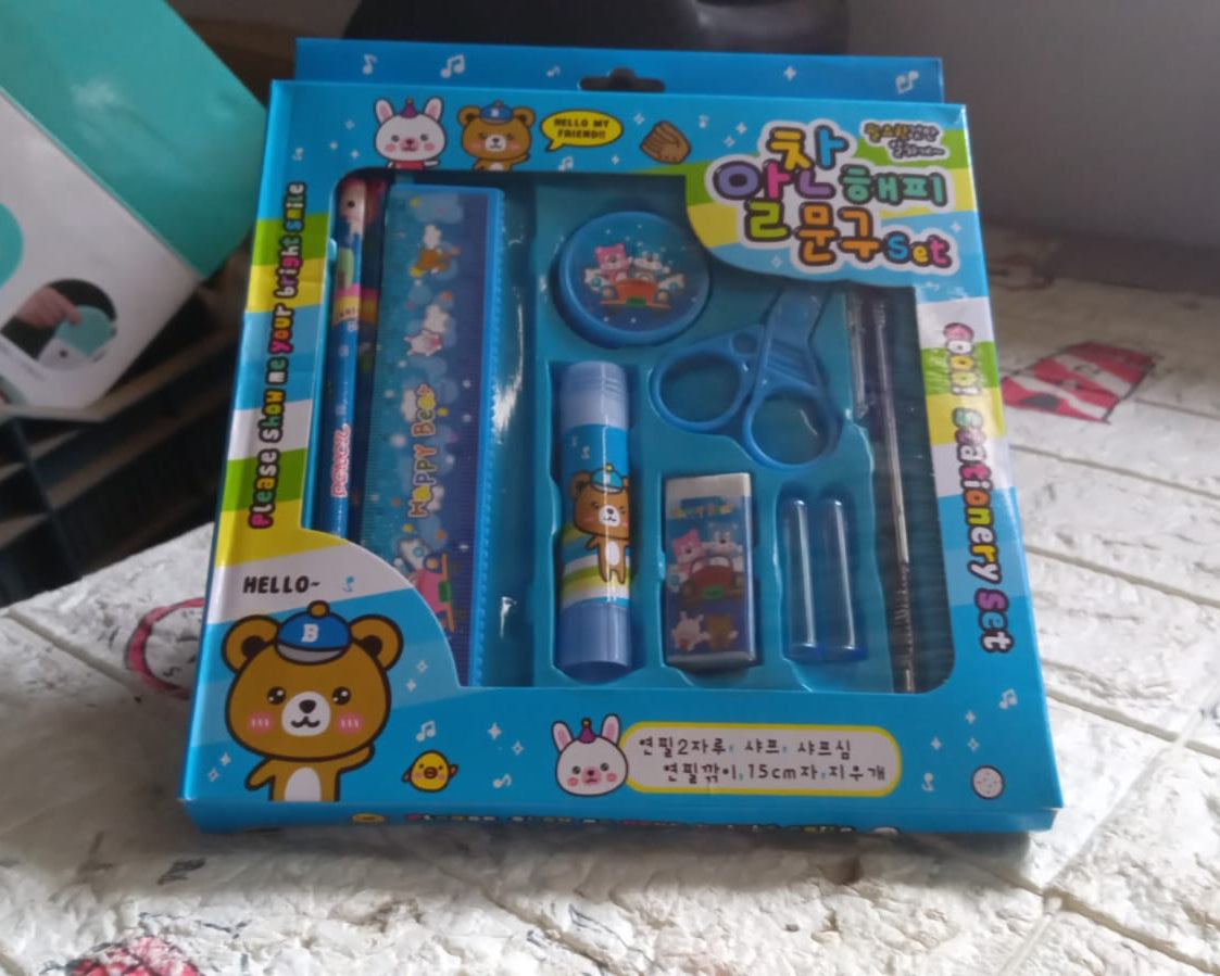 10 Pcs Set Stationary Set Including Pencil Ruler Rubber Pencil Sharpener Glue Ballpoint Pen Scissors Pencil Cover, School, Office Product Gift