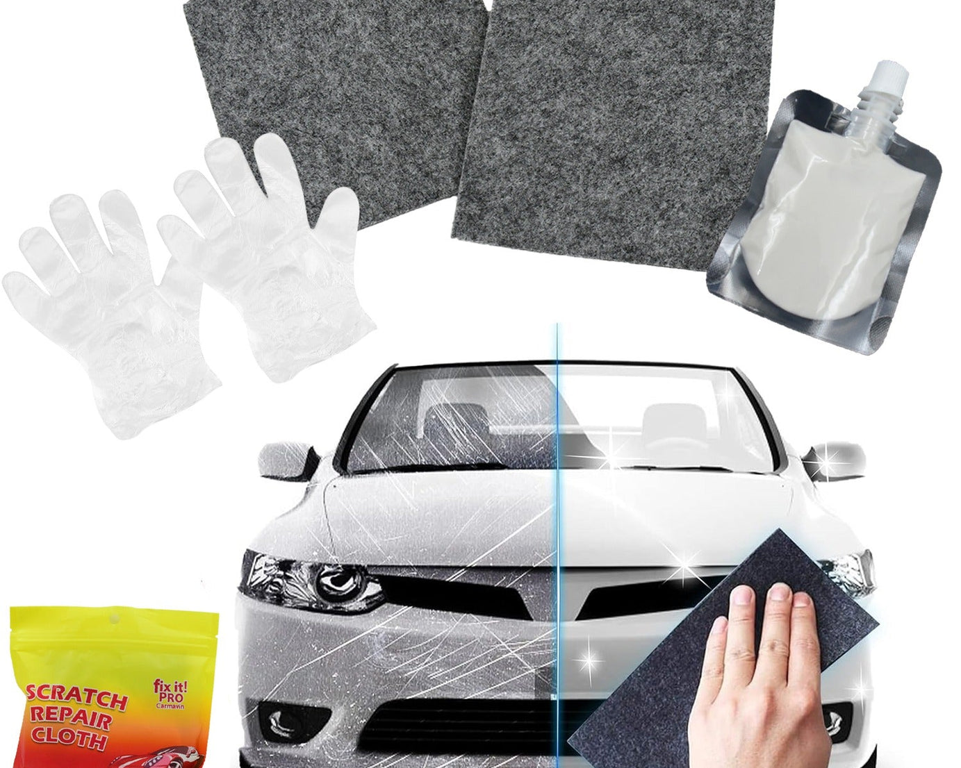 Nano Magic Car Scratch Remover Cloth, Multipurpose Scratch Repair Cloth, Cloth for Car Paint Scratch Repair, Easy to Repair Slight Scratches on the Surface Polishing Repeatable Use for All Kinds of Car (45 ML Repair Solution, 2 Gloves, 2 nano Cloth)