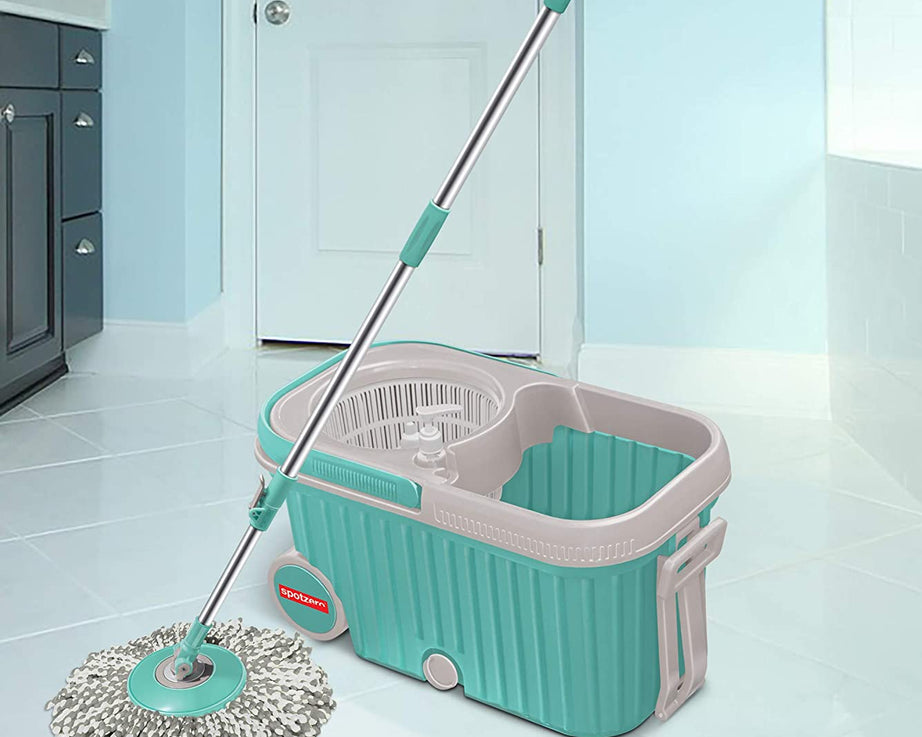Spin mop with bigger wheels and plastic auto-fold handle, shown from various angles.