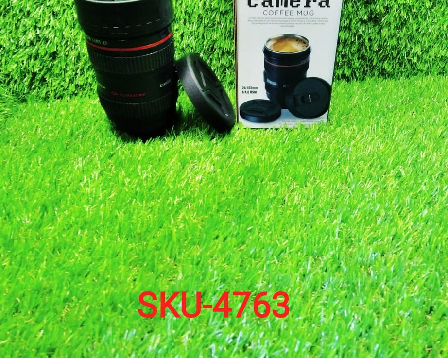 Coffee mug with a camera lens design in stainless steel, highlighting its unique and detailed look