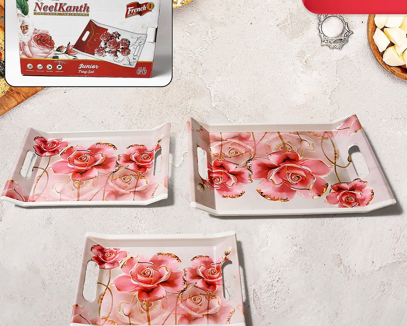 Plastic Rectangular Shape Flower Printed Design Serving Tray 3 pcs Home and Kitchen Use (3 pcs set)