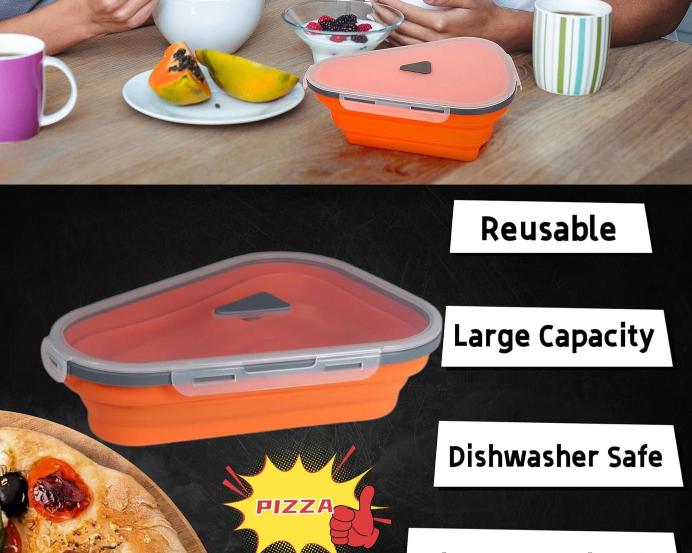 Reusable Pizza Storage Containers with 5 Microwavable Serving Trays, Silicone Container Expandable & Adjustable for Packing Pizza at home / outdoor