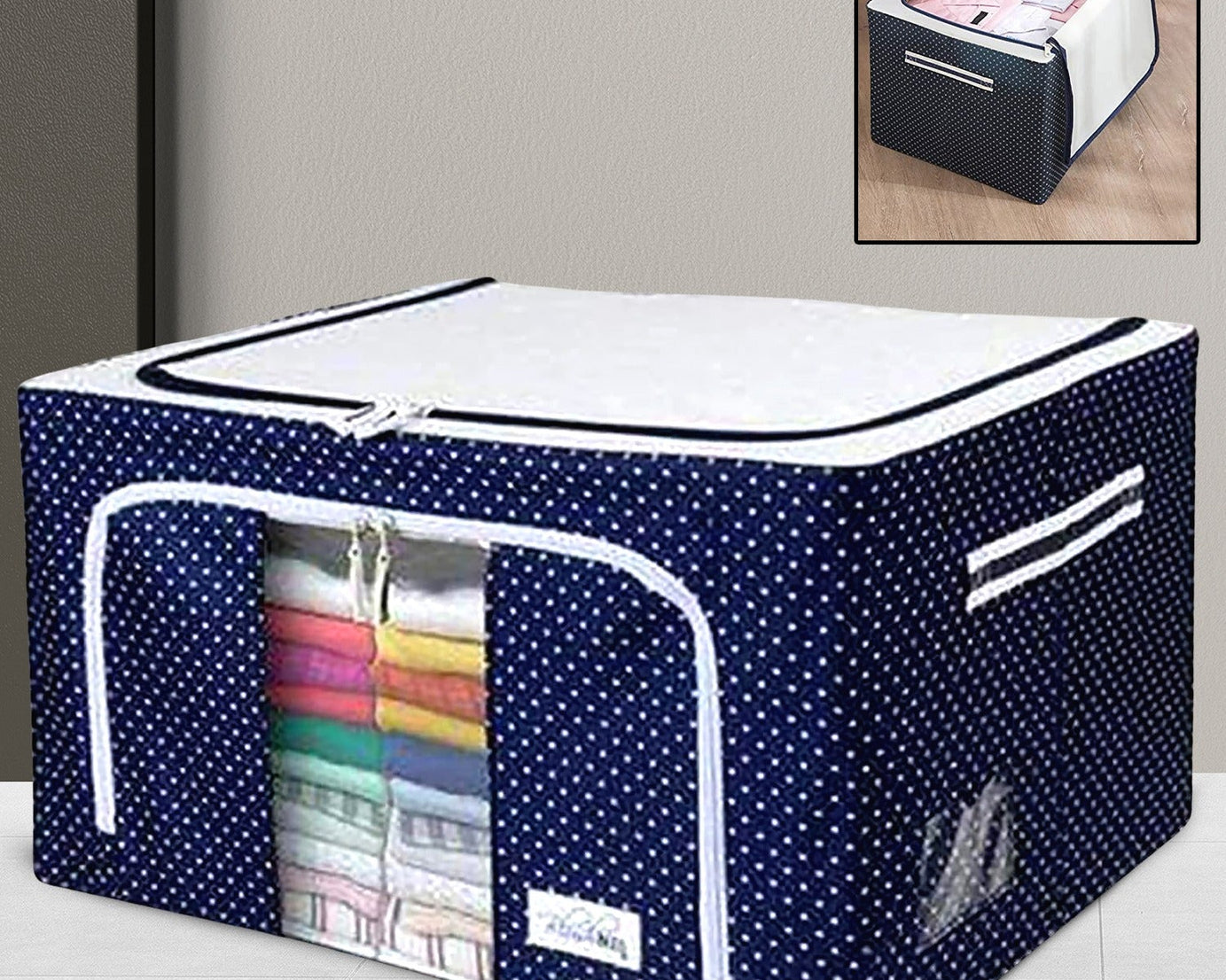 17641 Foldable Steel Frame Clothes Living Storage Organizer Handled Bag Box for Large Size Bedding, Blankets, Women Saree, Toys & Cloth Storage Box / Bag (66 Liter)