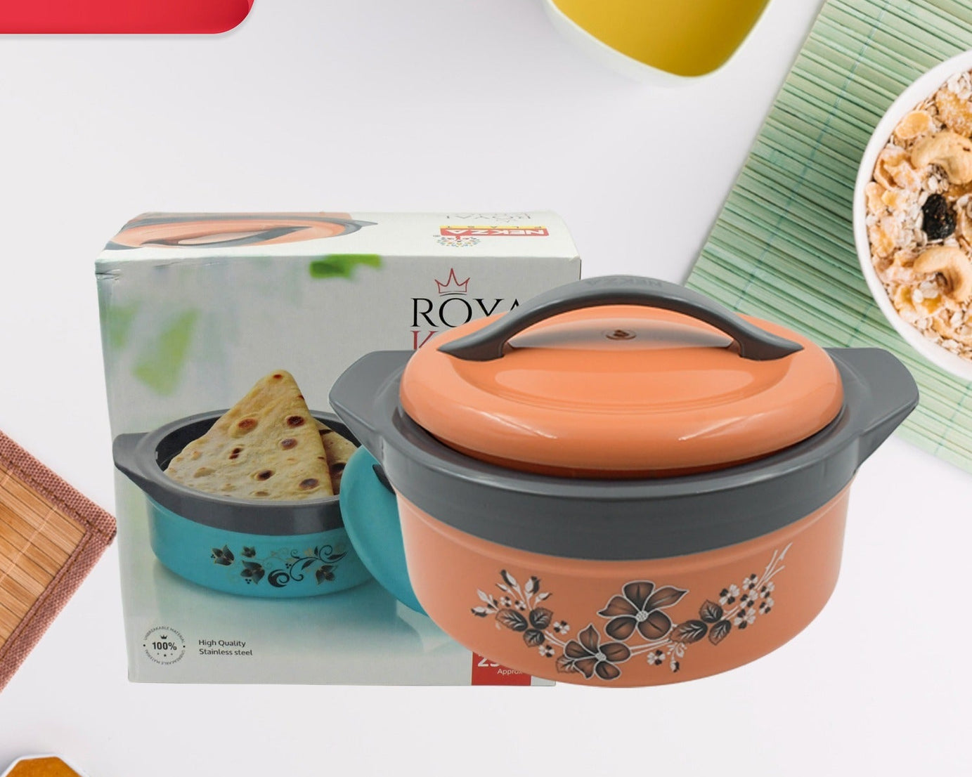 Casserole Box for Food Searving Inner Steel Insulated Casserole Hot Pot Flowers Printed Chapati Box for Roti Kitchen (Approx 2500 ml)