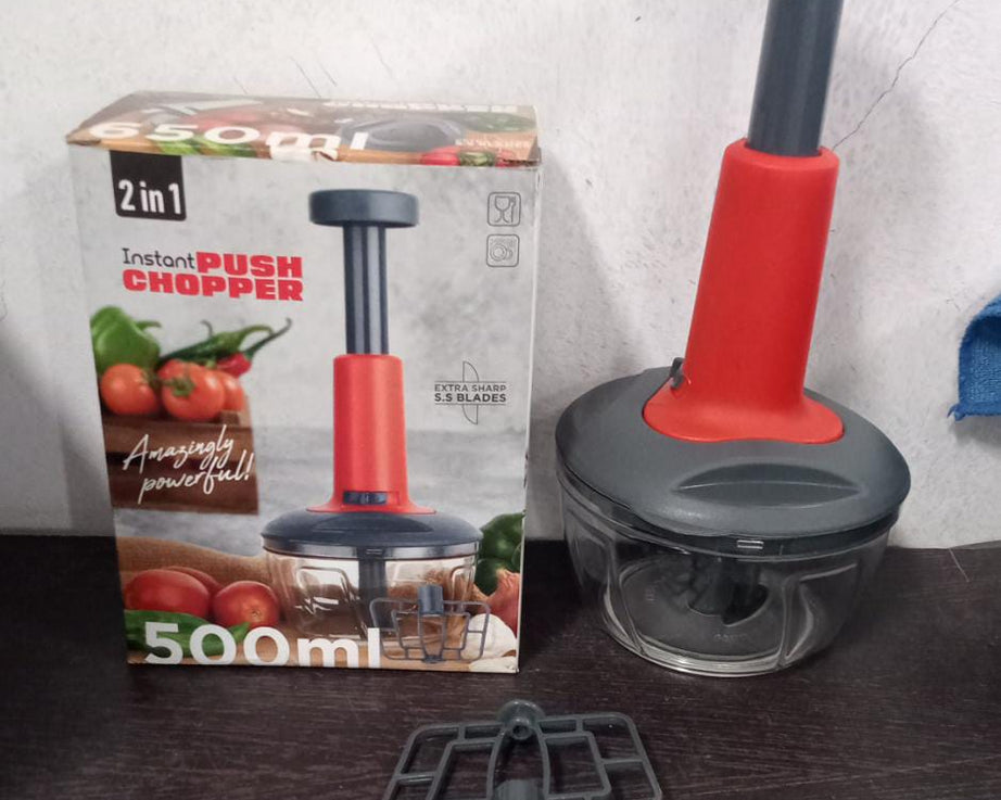 Compact hand press chopper with matte finish, 3 blades, full view