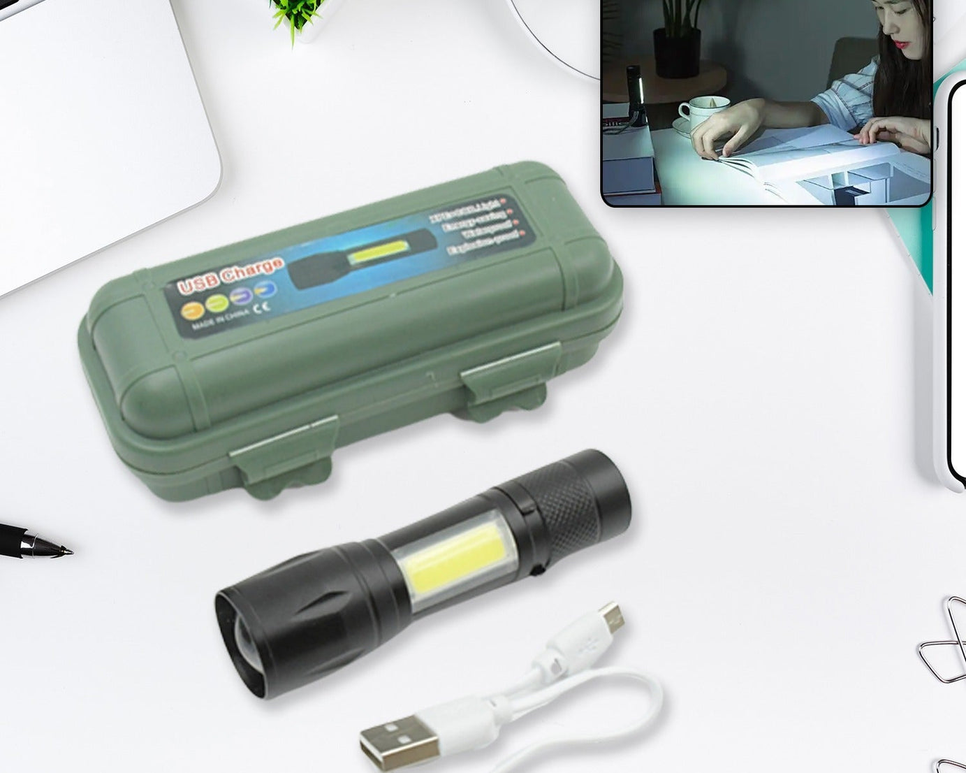 LED Flashlight Rechargeable USB Mini Torch, Ultra Brightest Zoom Flash Light Handheld Pocket Compact Portable Tiny Lamp with COB Side Lantern, High Power Tactical Travel Emergency Flashlights