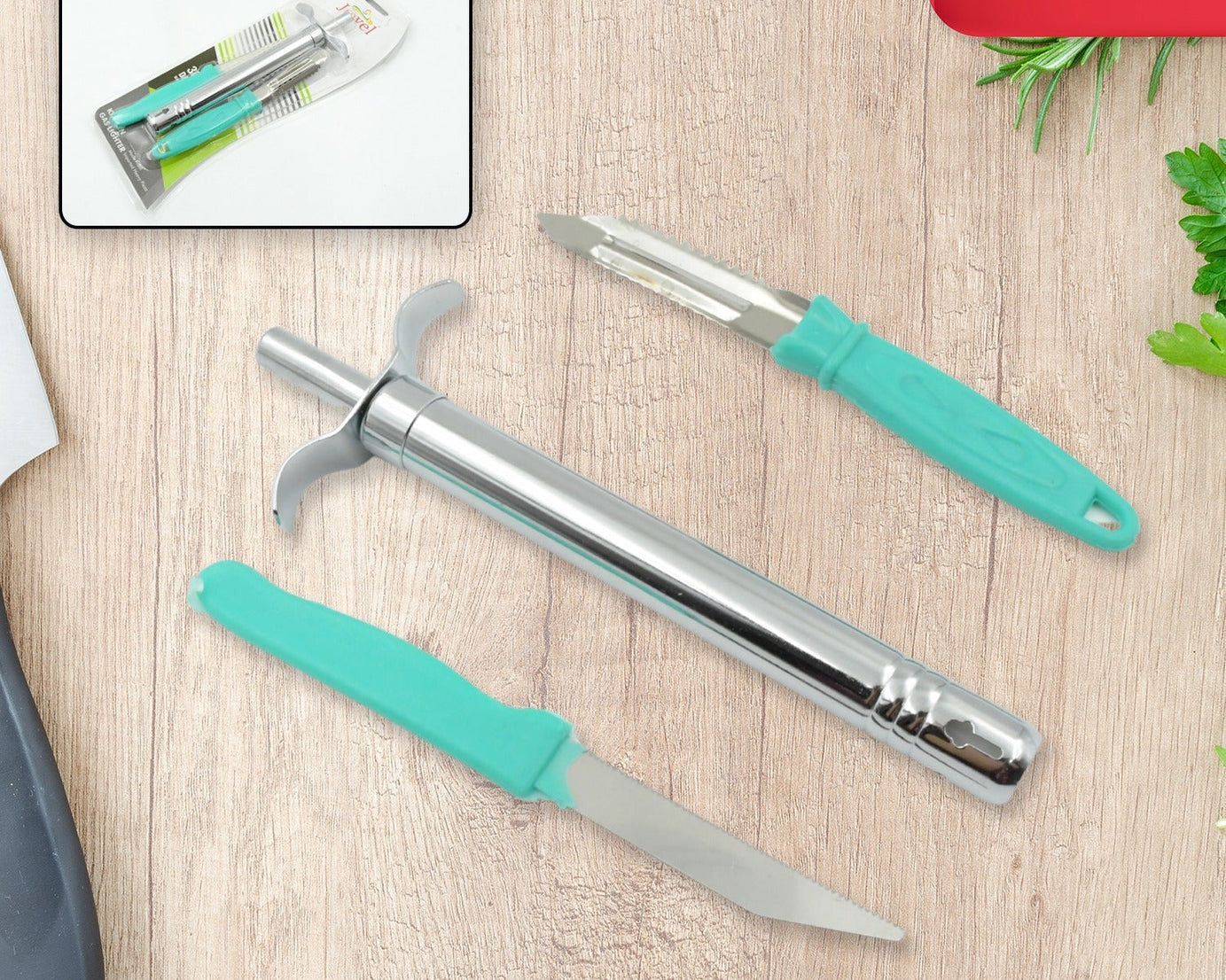 Stainless steel knife with peeler and lighter