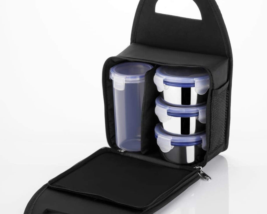 Airtight lunch box set with 3 leakproof containers and 1 bottle, stainless steel.