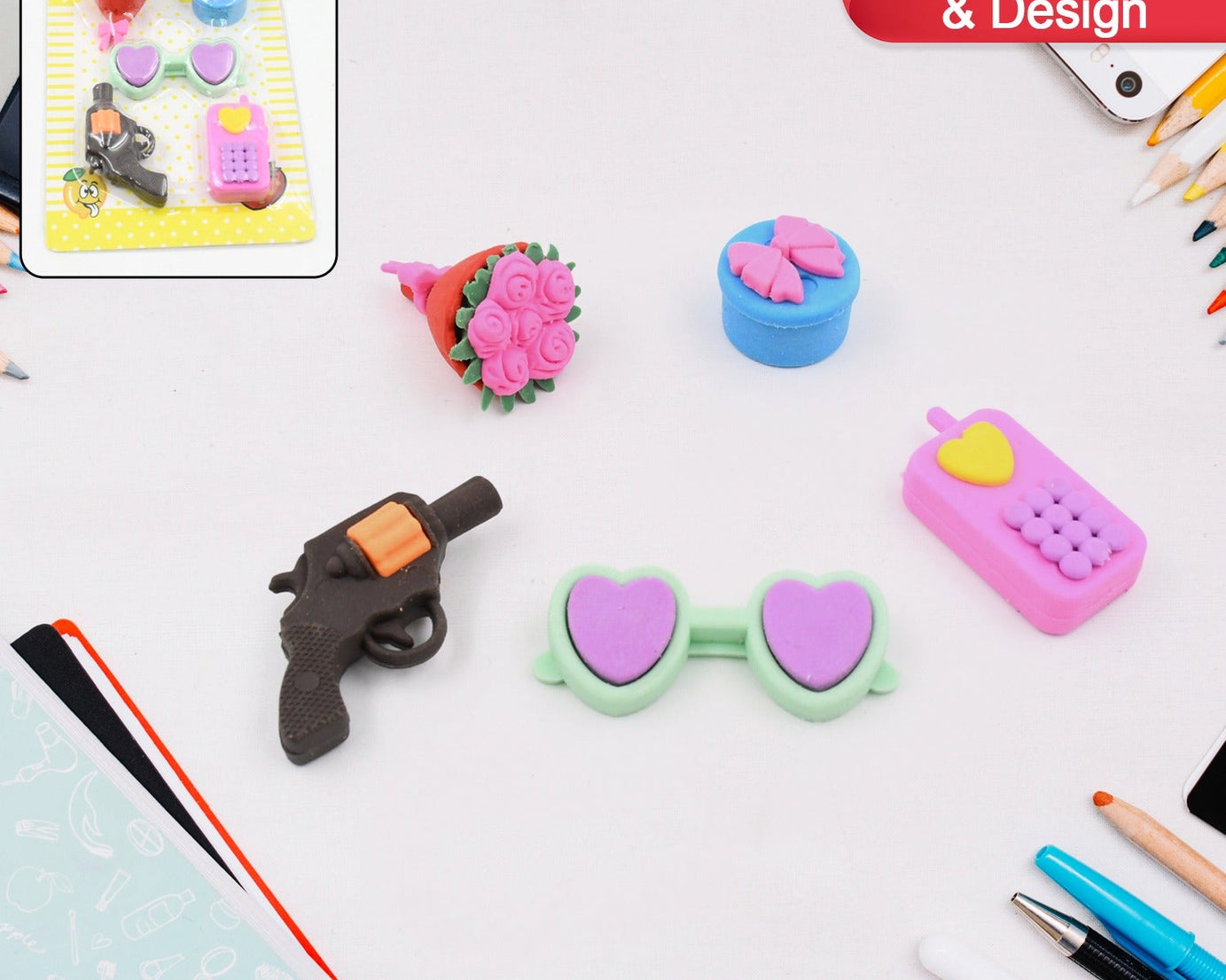 Mix Design 1 Set Fancy & Stylish Colorful Erasers for Children Different Designs & Mix, Eraser Set for Return Gift, Birthday Party, School Prize (1 Set)