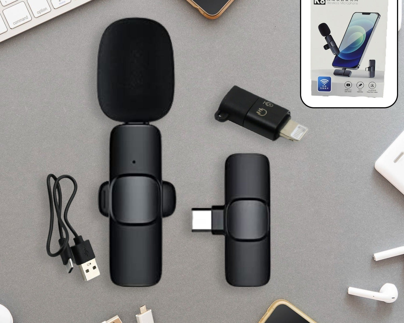 Intelligent Noise Cancelling Live Streaming Clip on Microphone for Type-C & for iPhone with Charging Mini Wireless Lapel Collar Microphone