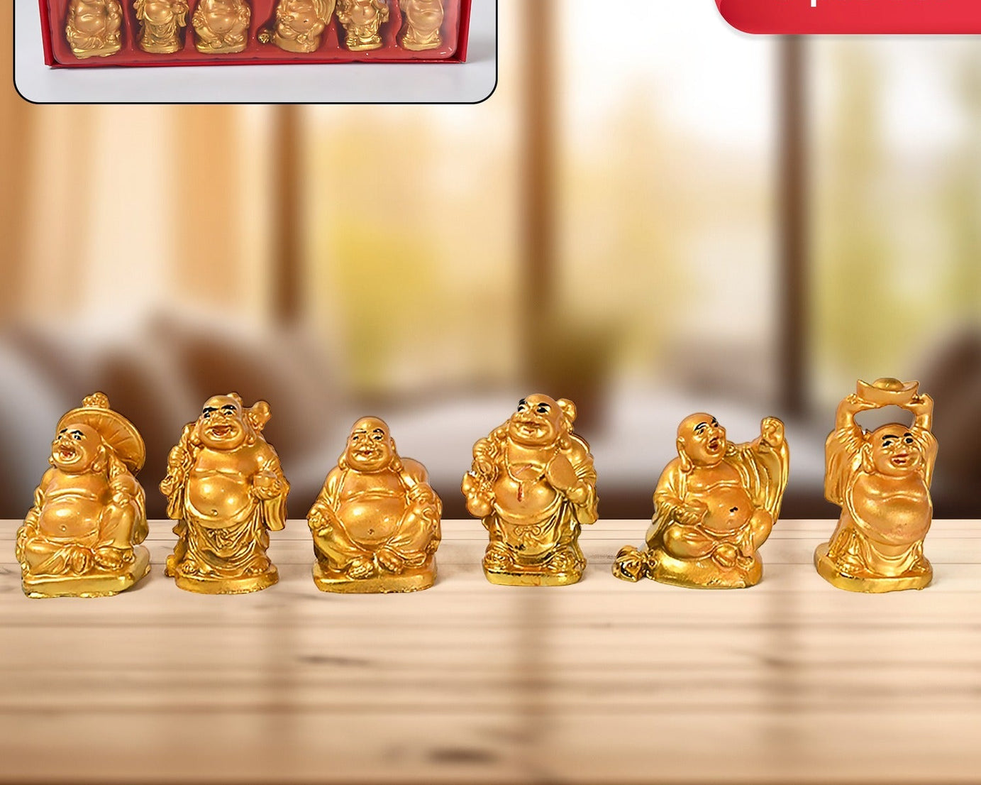 Golden Laughing Buddha Set Of Six Pieces Statue For Happiness, Wealth & Good luck Decor For Wealth and Success (6 Pcs Set)