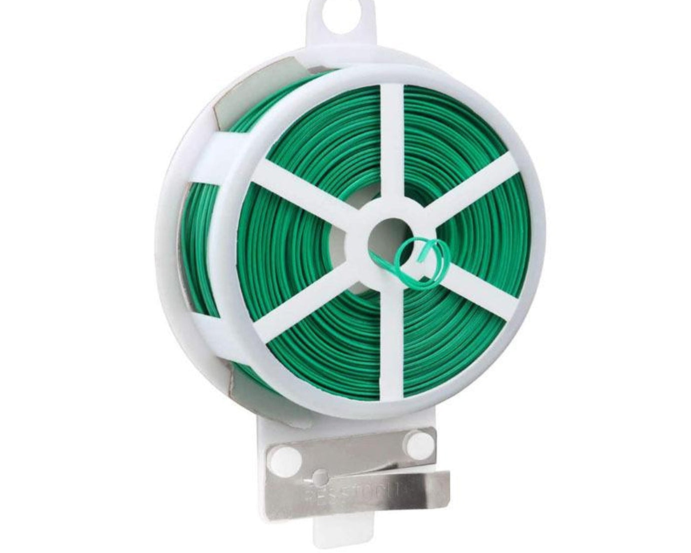 Green garden wire spool with cutter for securing plants.