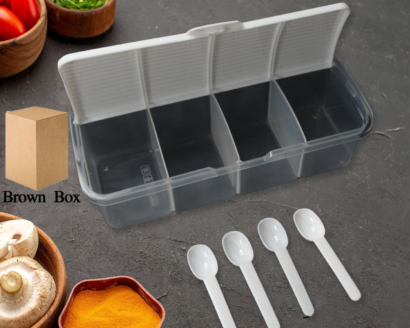 Kitchen Multipurpose Air-tight 4 Sections Storage Containers / Masala Box Pickle (Achar) Jar with 4 spoon for each section (1 Pc / Mix Color)