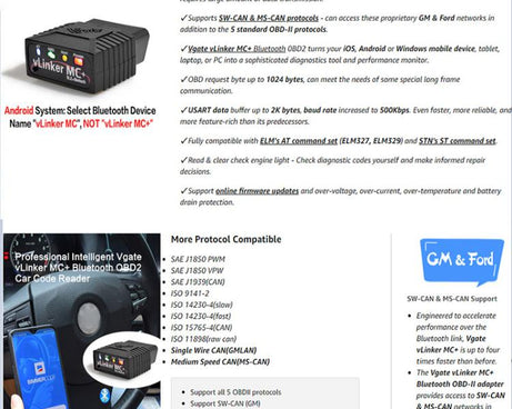 Vgate VLINKER MC+ V2.2 Bluetooth 4.0 Car OBD Fault Diagnosis Detector, MC+ V2.2 Bluetooth 4.0