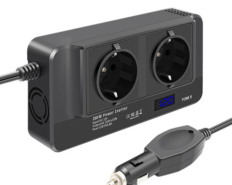 DC12V 200W AC220V Car Smart Multi-functional Digital Display Inverter, EU Plug