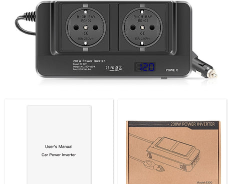 DC12V 200W AC220V Car Smart Multi-functional Digital Display Inverter, EU Plug