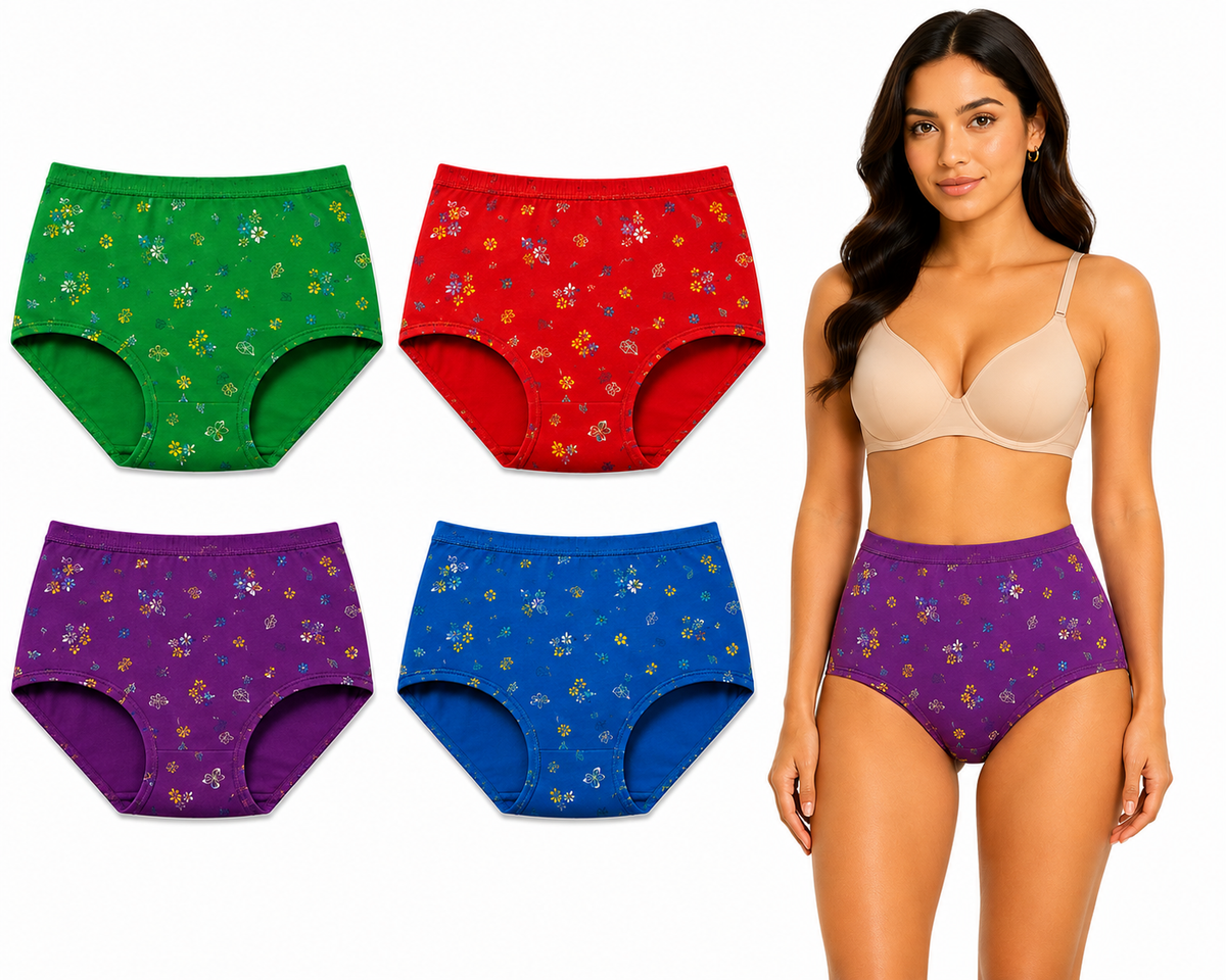 Women’s 100% Combed Cotton Printed Panties Pack of 4 | Full Coverage Briefs | Soft, Breathable & Comfortable | Stretchable Waistband | Floral Print Everyday Innerwear | Assorted Colors