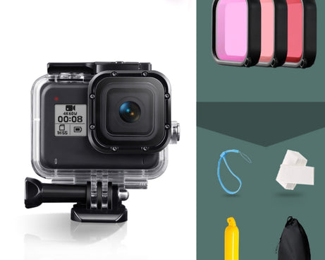 For GoPro HERO8 Black 45m Waterproof Housing Protective Case with Buckle Basic Mount & Screw & (Purple, Red, Pink) Filters & Floating Bobber Grip & Strap & Anti-Fog Inserts, Black HERO8 Case+Filters