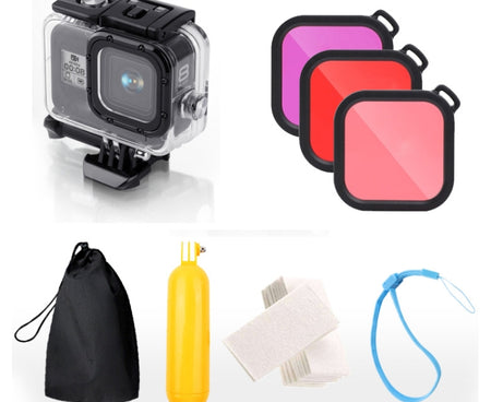 For GoPro HERO8 Black 45m Waterproof Housing Protective Case with Buckle Basic Mount & Screw & (Purple, Red, Pink) Filters & Floating Bobber Grip & Strap & Anti-Fog Inserts, Black HERO8 Case+Filters