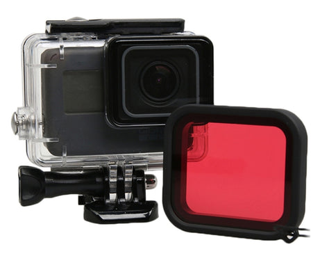 For GoPro HERO5 30m Waterproof PC & ABS Housing Protective Case + Camera Lens Red Quadrate Filter with Buckle Basic Mount & Long Screw & Anti-lost Hand Strap, Protective Case + Filter