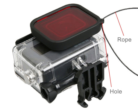 For GoPro HERO5 30m Waterproof PC & ABS Housing Protective Case + Camera Lens Red Quadrate Filter with Buckle Basic Mount & Long Screw & Anti-lost Hand Strap, Protective Case + Filter