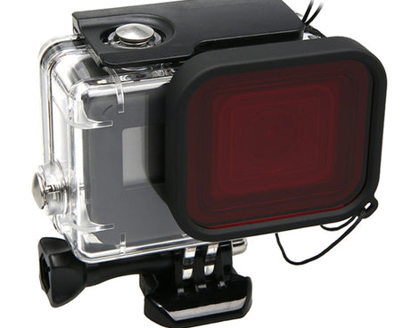For GoPro HERO5 30m Waterproof PC & ABS Housing Protective Case + Camera Lens Red Quadrate Filter with Buckle Basic Mount & Long Screw & Anti-lost Hand Strap, Protective Case + Filter