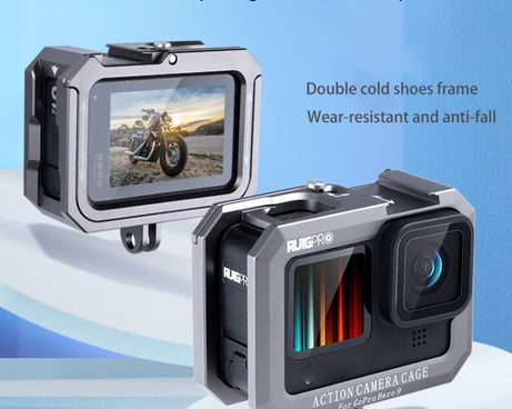 RUIGPRO for GoPro HERO10 Black / HERO9 Black Metal Border Frame Mount Protective Cage with Dual Cold Shoes Base, Silver Grey