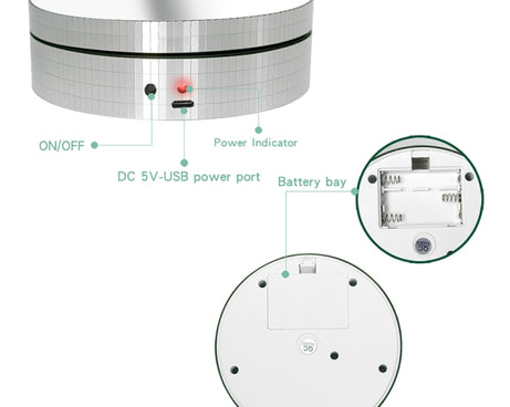 12cm 360 Degree Rotating Turntable Mirror Electric Display Stand Video Shooting Props Turntable, Load: 3kg, 12cm Mirror Sequins Gold, 12cm Mirror Sequins Silver