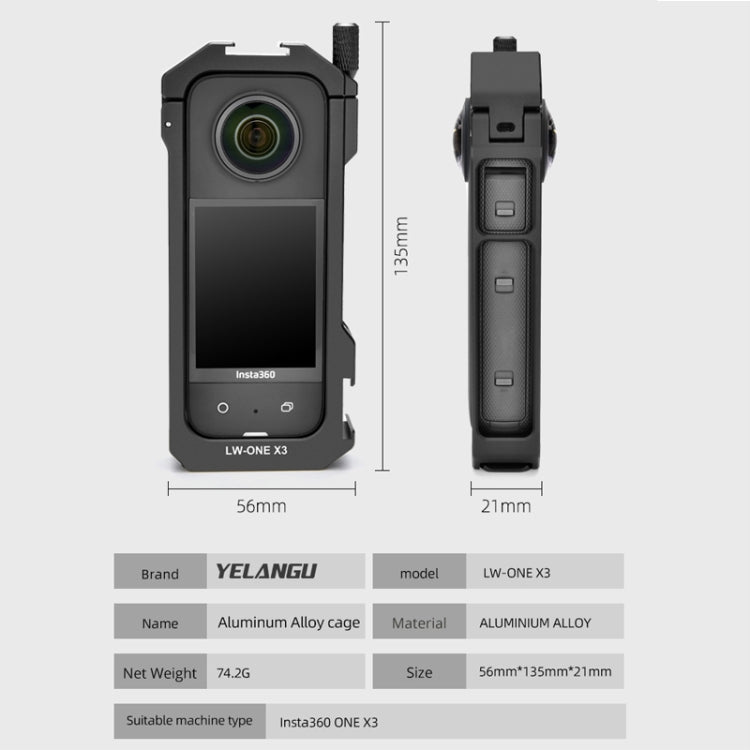 For Insta360 X3 YELANGU LW-ONE X3 Metal Cage Extended Frame Case