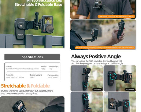 Sunnylife Stretchable Backpack Clip Rotatable Magnetic Mount Action Camera Holder Vlog Mount, For Action Cameras