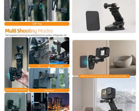 Sunnylife Stretchable Backpack Clip Rotatable Magnetic Mount Action Camera Holder Vlog Mount, For Action Cameras